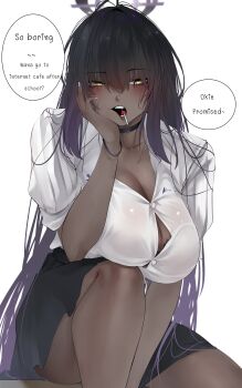 1girl absurdres alternate_costume amtv8428 black_choker black_hair black_skirt blue_archive breasts candy choker commentary dark-skinned_female dark_skin english_commentary english_text food gradient_hair halo hand_on_own_face highres karin_(blue_archive) large_breasts lollipop long_hair multicolored_hair purple_hair school_uniform shirt simple_background skirt speech_bubble very_long_hair white_shirt yellow_eyes