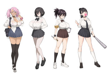 4girls armband bag baseball_bat black_bow black_bowtie black_choker black_eyes black_footwear black_hair black_necktie black_skirt black_thighhighs blowing_bubble_gum blowing_bubbles blue_hair blue_skirt bow bowtie boxcutter bra bra_visible_through_clothes breasts bright_pupils brown_eyes brown_skirt button_gap chewing_gum choker cleavage clipboard collared_shirt commentary_request dark-skinned_female dark_skin earrings glasses grin gyaru holding holding_baseball_bat holding_boxcutter holding_clipboard jewelry kazama_ritsuko kogal large_breasts loafers long_hair loose_necktie multicolored_hair multiple_girls necklace necktie original pantyhose partially_unbuttoned pink_bra pink_hair pink_scrunchie pleated_skirt pointing pointing_at_self ponytail school_uniform scrunchie semi-rimless_eyewear shirt shirt_partially_tucked_in shirt_tucked_in shoes short_hair shoulder_bag skirt smile sneakers socks streaked_hair tan thighhighs try_(lsc) twintails underwear uwabaki white_bra white_footwear white_pantyhose white_pupils white_shirt white_socks wrist_scrunchie yellow_armband