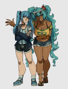 2girls :o \||/ adidas alternate_breast_size_(larger) aqua_hair argentinian_flag argentinian_flag_print argentinian_miku arm_behind_back bare_shoulders bead_choker beads black_choker black_shorts blue_eyes blue_footwear blue_hair blunt_bangs brazilian_flag brazilian_flag_print brazilian_miku breasts choker cleavage crossed_arms dark-skinned_female dark_skin denim denim_shorts dual_persona ear_piercing earrings exposed_pocket eyebrow_piercing eyewear_on_head face_piercing fingernails flag_print flip-flops flower full_body green_nails grin gutalalaman hair_flower hair_ornament hair_scrunchie half-closed_eyes hand_up hatsune_miku hibiscus highres hood hooded_jacket jacket jersey jewelry large_breasts leaning_forward long_fingernails long_hair looking_at_viewer multicolored_nails multiple_girls nail_polish navel nike_(company) off-shoulder_shirt off_shoulder open_mouth piercing rectangular_earrings red_flower sandals scrunchie shirt shoes short_shorts shorts simple_background smile sneakers sphere_earrings standing sunglasses tan tanline tanline_peek toenail_polish toenails twintails vocaloid white-framed_eyewear white_background worldwide_miku yellow_nails yellow_shirt