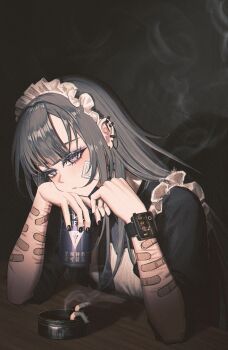 1girl absurdres animal_ears bandaid bandaid_on_face black_hair black_nails blush can cigarette closed_mouth commentary_request grey_hair head_rest highres holding holding_can long_hair maid maid_headdress meguro_roudoku nail_polish original self-harm_scar smoke solo watch wristwatch yurika-r