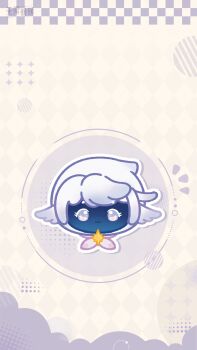 Rule 34 | 1other, absurdres, ambiguous gender, argyle background, artist request, blue skin, bow, bowtie, brooch, circle, cloud, colored skin, faewish sprite, fins, halftone, head fins, head only, highres, hood, hood up, infinity nikki, jewelry, nikki (series), notice lines, official art, official wallpaper, other focus, outline, purple bow, purple bowtie, second-party source, short hair, star brooch, striped bow, striped bowtie, striped clothes, white background, white hair, white hood, white outline