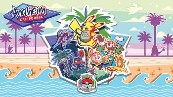 &gt;_o 2017 absurdres alolan_exeggutor alolan_form alolan_raichu artist_request breath_weapon breathing_fire california cloud colored_sclera copyright_logo copyright_name crabrawler day dragonite fangs fire gen_1_pokemon gen_7_pokemon grass highres holding key_visual litten logo long_neck lycanroc lycanroc_(midnight) mimikyu multiple_heads night nintendo no_humans official_art one_eye_closed open_mouth outline outstretched_arm palm_tree passimian pikachu place_name poke_ball poke_ball_(basic) pokemon pokemon_(creature) pokemon_focus pokemon_world_championships popplio promotional_art red_eyes red_sclera rock rowlet sandygast sharp_teeth silhouette smile star_(symbol) teeth third-party_source tree waves white_outline yellow_sclera