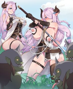 1girl 3boys absurdres asymmetrical_gloves blue_eyes bottle braid breasts butterfly_earrings commentary draph earrings gloves goblin granblue_fantasy grass hair_ornament hair_over_one_eye hands_on_own_chest highres horns jewelry katana lactation lactation_through_clothes large_breasts long_hair low-tied_long_hair milk_bottle milking_machine mocomori multiple_boys multiple_views narmaya_(granblue_fantasy) pink_hair pointy_ears single_braid single_thighhigh standing sword thigh_strap thighhighs uneven_gloves untranslatable_commentary weapon yellow_eyes