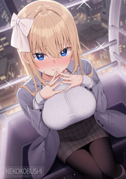 1girl black_pantyhose blonde_hair blue_eyes blush bow breasts coat dating ferris_wheel grey_coat grey_skirt hair_bow long_sleeves looking_at_viewer nekokobushi original pantyhose plaid_clothes plaid_skirt ribbed_shirt shirt sitting skirt solo sweater white_bow white_shirt