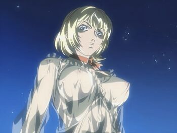 1girl 2004 american animated animated_gif anime_screenshot bible_black bible_black_new_testament blonde_hair blue_eyes bow breasts choker curvy dress jody_crowley large_breasts lips magic night night_sky nightgown nipples shin_bible_black short_hair sky tagme transparent_dress white_dress witch