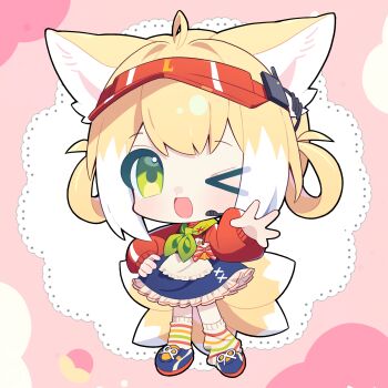 &gt;_o 1girl :d alternate_costume animal_ears arknights blonde_hair blue_shoes blush chibi chinese_commentary colored_tips fox_ears fox_girl fox_tail full_body green_eyes green_neckerchief hair_rings highres kitsune kyuubi looking_at_viewer loose_socks miaoneko multicolored_hair multiple_tails neckerchief one_eye_closed open_mouth red_visor shoes short_hair smile socks solo striped_clothes striped_socks suzuran_(arknights) tail two-tone_hair visor_cap white_hair