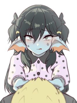 Rule 34 | 1girl, 1other, anger vein, angry, aqua eyes, black bow, black hair, black shirt, blonde hair, blue skin, bow, bow earrings, clothes grab, colored skin, commentary request, dragon quest, dragon quest x, earrings, fins, fish girl, from above, hair bow, head fins, highres, jewelry, long hair, looking up, nikon (user aznh7528), open mouth, pink bow, pink shirt, polka dot, polka dot shirt, shirt, shirt grab, short twintails, twintails, upper body, weddie (dq10), white background