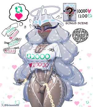 1girl absurdres angel blush chain colored_sclera cropped_shirt dark-skinned_female dark_skin english_text grey_hair grey_sclera grimmie02 halo hazbin_hotel hellaverse highres long_hair navel restrained sera_(hazbin_hotel) shiny_skin shirt solo stomach sweat twitter_strip_game white_shirt