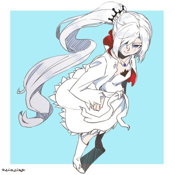 1girl blue_eyes boots dress hand_on_own_hip jewelry long_hair meimeimo_rwby necklace ponytail rwby scar scar_across_eye scar_on_face simple_background skirt solo weiss_schnee white_dress white_hair