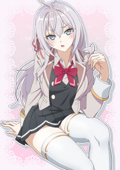 1girl absurdres ahoge alisa_mikhailovna_kujou arm_behind_back black_skirt black_vest blue_eyes blush bow bowtie buttons collared_shirt commentary double-breasted feet_out_of_frame girugiru_(tektonics6588) grey_hair grey_jacket hair_between_eyes hand_up highres jacket long_hair long_sleeves looking_at_viewer miniskirt open_clothes open_jacket open_mouth outline pink_background playing_with_own_hair pleated_skirt red_bow red_bowtie school_uniform seiren_academy_school_uniform shirt sidelocks simple_background sitting skirt solo thighhighs thighs tokidoki_bosotto_roshia-go_de_dereru_tonari_no_alya-san tsurime v-shaped_eyebrows very_long_hair vest white_outline white_shirt white_thighhighs zettai_ryouiki