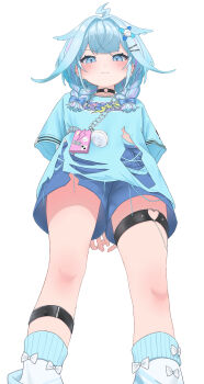 1girl 1nose_yuuka absurdres ahoge ankle_belt black_choker blue_eyes blue_hair blue_shirt braid check_commentary choker commentary_request feet_out_of_frame from_below hair_flaps hair_ornament heart heart_o-ring highres hololive hololive_dev_is lightning_ahoge looking_at_viewer looking_down low_twin_braids mizumiya_su mizumiya_su_(1st_costume) multicolored_hair no_jacket o-ring o-ring_choker pink_hair print_shirt shirt shorts simple_background smug socks solo streaked_hair thigh_strap torn_clothes torn_shirt twin_braids virtual_youtuber white_background white_socks