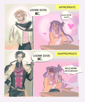 1girl 2boys :d artist_self-insert asmodeus_(obey_me!) asymmetrical_hair black_hair blush brown_eyes brown_hair coat coat_on_shoulders collared_shirt corded_phone cowboy_shot cubicle curtained_hair dark-skinned_female dark_skin dreadlocks dress_pants english_text flirting_vs._harassment_(meme) fur-trimmed_coat fur_trim furrowed_brow half_updo hand_on_own_hip hand_over_heart heart highres jacket long_hair looking_at_another loving_aura lucifer_(obey_me!) lvlcurrent mc_(obey_me!) meme multiple_boys necktie obey_me!:_one_master_to_rule_them_all! open_hand open_mouth parted_bangs phone popped_collar raised_eyebrows red_eyes scarf shaded_face shirt short_hair smile speech_bubble talking_on_phone tank_top vest waistcoat wavy_hair yellow_eyes