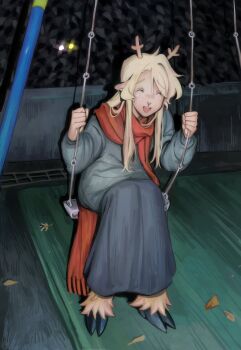 1girl absurdres antlers black_dress blonde_hair closed_eyes commentary deer_antlers deer_girl deltarune dress english_commentary friend_(deltarune) goomyloid highres hooves horns long_dress long_hair night noelle_holiday on_swing open_mouth red_scarf scarf sitting smile solo swing swing_set utdr_(toby_fox)