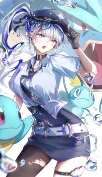 1girl absurdres adjusting_clothes adjusting_headwear air_bubble aokumo_rin belt_collar black_gloves black_hat black_necktie black_pantyhose blue_hair blue_shirt bubble collar collared_shirt cosplay doei2404 gloves grey_hair hashtag-only_commentary hat highres looking_to_the_side multicolored_hair necktie nintendo open_mouth pantyhose pokemon police police_uniform shirt single_leg_pantyhose skirt stellive streaked_hair teeth torn_clothes torn_pantyhose upper_teeth_only virtual_youtuber