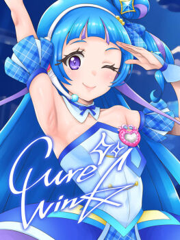 1girl aokaze_nana arm_up armpits bare_shoulders blue_dress blue_hair blush breasts brooch character_name closed_mouth cure_wink detached_collar detached_sleeves dress eunos headset heart heart_brooch idol idol_clothes jewelry kimi_to_idol_precure long_hair looking_at_viewer one_eye_closed plaid_clothes plaid_sleeves precure presenting_armpit purple_eyes short_sleeves small_breasts smile solo very_long_hair