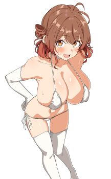 1girl :d absurdres ahoge bare_shoulders bikini blush breasts brown_eyes brown_hair elbow_gloves feet_out_of_frame gakuen_idolmaster gloves hanami_ume highres idolmaster large_breasts looking_at_viewer medium_hair navel open_mouth paid_reward_available parted_lips seihekiog side-tie_bikini_bottom sideboob simple_background smile solo stomach swimsuit thighhighs thighs white_background white_bikini white_gloves white_thighhighs