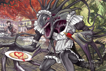 1girl 1other absurdres alternate_costume apron asmoranomardicadaistinaculdacar black_dress bottle commentary_request cooking dress enmaided feet_out_of_frame food highres holding holding_bottle holding_food holding_plate ketchup_bottle looking_at_viewer magic:_the_gathering maid maid_apron maid_headdress mohawk monster omelet omurice open_mouth phyrexian phyrexian_obliterator plate sharp_teeth teeth white_apron yitai_zhi_meng