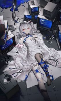 1girl :o absurdres bare_shoulders bili_girl_33 bilibili black_halo black_thighhighs blue_ribbon broken_glass cable cassette_tape cross-laced_clothes dress floppy_disk glass gloves halo hand_under_clothes hand_up highres ink jacket light_blush lying medium_hair monitor multiple_monitors on_ground open_clothes open_jacket p1up1u pleated_dress red_eyes ribbon side_ponytail solo strap thighhighs white_dress white_gloves white_hair white_jacket white_ribbon wire zettai_ryouiki