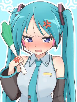 1girl absurdres anger_vein angry aqua_background aqua_hair aqua_necktie bare_shoulders black_sleeves blush breasts collared_shirt cosplay detached_sleeves embarrassed food grey_shirt hair_ornament hatsune_miku hatsune_miku_(cosplay) headphones headset highres hiiragi_kagami holding holding_food long_hair looking_at_viewer lucky_star meisoochuu necktie open_mouth outline purple_eyes shirt sleeveless sleeveless_shirt solo spring_onion sweatdrop twintails upper_body v-shaped_eyebrows very_long_hair vocaloid white_outline