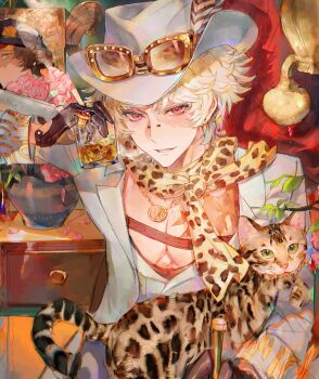 2boys absurdres alcohol animal animal_on_lap animal_print black_gloves blonde_hair bridge_piercing cat cat_on_lap cowboy_hat eyewear_on_headwear face_piercing glasses gloves hat highres identity_v jacket jewelry leopard_print male_focus multiple_boys multiple_rings norton_campbell norton_campbell_(dazzling_lone_wolf) official_alternate_costume on_lap pectoral_cleavage pectorals pendant piercing red_eyes ring scar scar_across_eye scar_on_face solo upper_body whiskey white_jacket xiaomianduoshao yellow-framed_eyewear