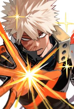 1boy bakugou_katsuki blonde_hair blood blood_on_face boku_no_hero_academia collared_shirt commentary explosion gloves hair_between_eyes hashtag-only_commentary highres injury looking_at_viewer lower_teeth_only male_focus mismatched_eyes open_mouth outstretched_arm outstretched_hand popped_collar shirt short_hair simple_background solo sparkling_eyes spiked_hair superhero_costume teeth twitter_username upper_body white_background znjxlz