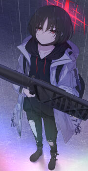 1girl black_hair black_hoodie black_mask black_pants blue_archive boots commentary commentary_request english_commentary expressionless fim-92_stinger full_body halo highres holding holding_rocket_launcher holding_weapon hood hoodie jacket looking_up mask mask_pull misaki_(blue_archive) mixed-language_commentary mouth_mask pants rain ray_726 red_eyes red_halo rocket_launcher short_hair solo surgical_mask torn_clothes torn_pants weapon white_jacket