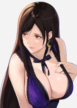 1girl black_hair blue_dress breasts cleavage collarbone crescent crescent_earrings crescent_moon dress earrings female_focus final_fantasy final_fantasy_vii final_fantasy_vii_remake hands_on_own_breasts j@ck jewelry lace lace-trimmed_dress lace_trim large_breasts long_hair looking_at_viewer moon purple_dress red_eyes simple_background sleeveless sleeveless_dress solo square_enix tifa_lockhart tifa_lockhart_(refined_dress) wall_market white_background