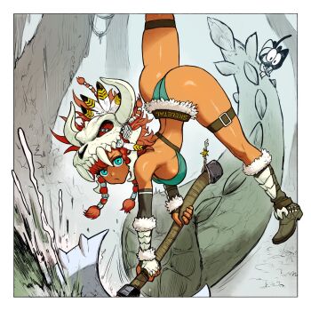 Rule 34 | 1girl, aqua eyes, aqua leotard, axe, breasts, calico (pattern), calico cat, cutting, dattosan, feather hair ornament, feathers, forest, from side, full body, gloves, hair ornament, highres, holding, holding axe, huge weapon, large breasts, leotard, looking at viewer, mask, medium hair, monster, monster hunter (series), motion blur, nature, open mouth, orange hair, pouncing, skull mask, solo, swinging weapon, thigh strap, vambraces, weapon