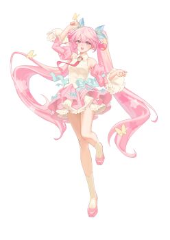 Rule 34 | 1girl, absurdres, aqua ribbon, blush, cherry hair ornament, collared shirt, commentary request, food-themed hair ornament, hair between eyes, hair ornament, hatsune miku, highres, long hair, looking at viewer, necktie, open mouth, pink eyes, pink hair, pink nails, pink necktie, pink shoes, pink skirt, ribbon, sakura miku, shirt, shoes, simple background, skirt, sleeveless, sleeveless shirt, smile, socks, solo, standing, standing on one leg, twintails, usasuzu, very long hair, vocaloid, white background, white shirt, white socks