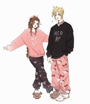 1boy 1girl aerith_gainsborough alternate_costume animal_collar animal_slippers black_pajamas black_pantyhose black_sweater blonde_hair brown_hair casual cloud_strife collar commentary couple english_commentary final_fantasy final_fantasy_vii full_body hair_ribbon hello_kitty hello_kitty_(character) hetero highres light_blush long_hair one_eye_closed outstretched_arms pajamas pants pantyhose pink_pajamas pink_pants pink_ribbon pink_sweater ribbon sageixx sanrio short_hair slippers spiked_hair standing sweater white_background