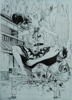 Rule 34 | bandaged arm, bandages, barefoot, black wings, bow, breasts, building, carrying overhead, crack, cracked floor, detached sleeves, drinking, fingernails, frilled bow, frills, giant, giantess, gohei, gourd, graphite (medium), hair bow, hakurei reimu, highres, horn bow, horn ornament, horns, hoshiguma yuugi, ibuki suika, komeiji satori, long skirt, medium breasts, one-hour drawing challenge, oni horns, orb, photo (medium), pointy ears, reiuji utsuho, sendai (nazonomono), sharp fingernails, sharp toenails, single horn, skirt, sweat, third eye, toenails, touhou, traditional media, wings, yin yang, yin yang orb