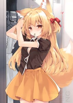 1girl ahoge animal_ear_fluff animal_ears apron blonde_hair blush bow breasts brown_eyes brown_shirt clothes_hanger collared_shirt commentary_request dress_shirt dressing fox_ears fox_girl fox_tail frilled_apron frills hair_tie hair_tie_in_mouth highres indoors locker long_hair mouth_hold orange_skirt original puffy_short_sleeves puffy_sleeves purinpurin red_bow shirt short_sleeves skirt small_breasts solo standing tail translation_request two_side_up tying_hair very_long_hair watermark white_apron