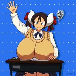 1girl angry animated annoyed bouncing_breasts breast_rest breasts brown_eyes brown_hair cardigan cow_girl cow_horns desk english_text hand_up hataraki_ari horns huge_breasts looking_at_viewer original school_desk school_uniform short_hair sitting solo squiggle sukimi twintails ugoira video waving_arm