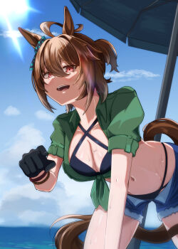 1girl agnes_tachyon_(lunatic_lab)_(umamusume) agnes_tachyon_(umamusume) ahoge animal_ears beach bikini black_bikini blue_sky blush breasts brown_hair cleavage cloud commentary_request criss-cross_halter denim denim_shorts gloves green_jacket hair_between_eyes halterneck highres horse_ears horse_girl horse_tail jacket lackxlock large_breasts medium_hair navel ocean official_alternate_costume open_clothes open_mouth open_shorts outdoors red_eyes short_sleeves shorts sky smile solo swimsuit tail tied_jacket umamusume umbrella water
