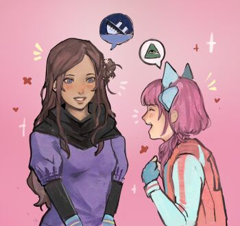 Rule 34 | 2girls, absurdres, ai the somnium files, animal ear hairband, animal ears, aqua gloves, black scarf, blush, boat, brown hair, cat ear hairband, cat ears, closed eyes, commentary, creator connection, crossover, dress, english commentary, eye of providence, eyelashes, fake animal ears, fingerless gloves, gloves, hair bun, hairband, heart, highres, jacket, klume (klumescribbles), kurashiki akane, kyokugen dasshutsu, kyokugen dasshutsu: 9 jikan 9 nin 9 no tobira, lips, long hair, long sleeves, multiple girls, nostrils, notice lines, open mouth, pink background, pink jacket, purple dress, purple eyes, rms titanic, sagan iris, scarf, ship, simple background, single side bun, sinking, smile, speech bubble, teeth, upper body, upper teeth only, water, watercraft