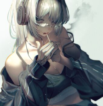 1girl bare_shoulders black_jacket black_sports_bra breasts chromatic_aberration cigarette cleavage face_piercing glasses grey_hair hair_intakes headphones highres jacket jewelry lighting_cigarette lip_piercing lips lipstick makeup medium_breasts minto_(minto_rururu) mole mole_under_eye necklace off_shoulder original piercing ponytail sidelighting smoke smoking solo sports_bra strap_slip upper_body