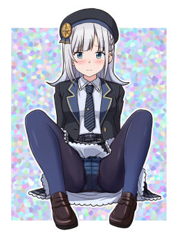 1girl asumi_ririse black_hat black_jacket black_necktie black_panties black_pantyhose black_skirt blue_eyes blue_pantyhose braid breasts closed_mouth collared_shirt ear_piercing embarrassed full_body gradient_pantyhose grey_hair hat jacket lielos loafers long_sleeves looking_at_viewer m_legs medium_hair necktie panties panties_under_pantyhose pantyhose pantyshot piercing pinstripe_pattern plaid_clothes plaid_skirt shirt shoes simple_background sitting skirt solo spread_legs star_(symbol) underwear voicepeak