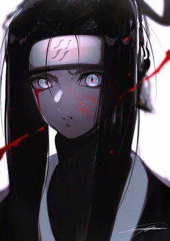 1boy absurdres androgynous black_hair blood blood_on_face bloody_tears grey_eyes haku_(naruto) headband highres long_hair looking_at_viewer male_focus naruto_(series) parted_lips signature solo spot_color u_tei upper_body white_background