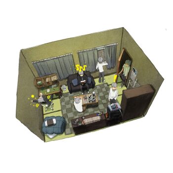 ! 1boy arms_up bedroom black_pants book calendar_(object) chair collared_shirt commentary_request couch curtains desk door flower_symbol from_above futon hand_in_pocket highres holding holding_book indoors korean_commentary long_sleeves male_focus multiple_views musical_note narukami_yu pants persona persona_4 pillow reading rug shelf shirt short_sleeves sitting standing table tatami television uwol6 white_shirt window