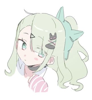 1girl black_choker blush chinatsu_remiel choker closed_mouth earrings green_eyes green_hair hair_ornament highres jewelry looking_to_the_side moe_nayo musical_note_earrings pink_arm_warmers ponytail portrait shirt simple_background solo striped_arm_warmers white_background white_shirt x_hair_ornament zenless_zone_zero