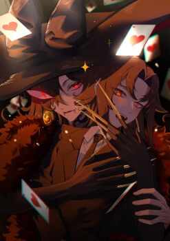 Rule 34 | 2girls, ado (utaite), black hair, blush, brown hair, card, cass giocata, chando (ado), commentary, earrings, fangs, fingernails, gold, hair between eyes, hair over one eye, hat, heart, highres, implied yuri, jewelry, long hair, long hair between eyes, looking at viewer, magic (ado), multiple girls, open mouth, poker, red eyes, sharp fingernails, sido (sido mrtsnkc), smile, symbol-only commentary, symbol in eye, teeth, vampire, very long fingernails