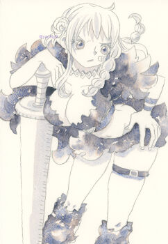 :/ absurdres artist_name bandaid bandaid_on_face boots braid breasts cape cleavage closed_mouth foreshortening frown fur_boots fur_cape hand_on_own_hip highres jewelry large_breasts leaning_forward leaning_on_weapon leg_belt long_hair looking_to_the_side midriff monochrome nami_(one_piece) nami_(one_piece)_(elbaf) navel necklace official_alternate_costume one_piece painting_(medium) simple_background skindentation solo standing sword tareme thighlet traditional_media twitter_username v-shaped_eyebrows watercolor_(medium) weapon white_background wristband yachiy0