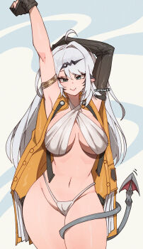 1girl ahoge animal_ears armlet arms_up artist_name bikini black_hair breasts commentary cosplay elbow_gloves english_commentary fingerless_gloves gloves gold_armlet green_eyes hair_ornament highres jacket jane_doe_(zenless_zone_zero) large_breasts long_hair looking_at_viewer mouse_ears mouse_girl mouse_tail navel simple_background single_elbow_glove sling_bikini_top smile solo swimsuit tail tail_around_own_leg thick_thighs thighs very_long_hair white_bikini white_hair wig wokiiarts yellow_jacket yixuan_(zenless_zone_zero) yixuan_(zenless_zone_zero)_(cosplay) zenless_zone_zero