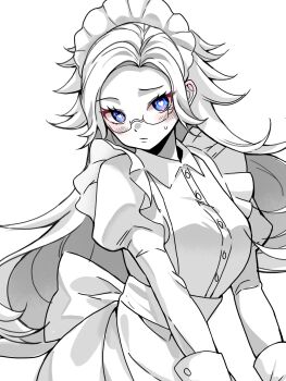 1girl aotsuki_eito apron blue_eyes blush closed_mouth eyebrows female_focus genderswap genderswap_(mtf) heart heart-shaped_pupils highres looking_at_viewer maid maid_apron maid_headdress simple_background solo solo_focus symbol-shaped_pupils the_hundred_line_-last_defense_academy- white_background