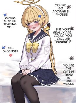 1girl 2na_(blue2na) absurdres black_pantyhose black_sailor_collar black_skirt blonde_hair blue_archive blush bow bowtie breasts collarbone commentary cosplay english_commentary feet_out_of_frame hair_ornament hairband halo hifumi_(blue_archive) hifumi_(blue_archive)_(cosplay) highres hondo_kaede long_hair long_sleeves low_twintails open_mouth pantyhose phoebe_(wuthering_waves) purple_eyes sailor_collar sitting skirt small_breasts solo sweater twintails very_long_hair voice_actor_connection white_hairband white_sweater wuthering_waves x_hair_ornament yellow_bow yellow_bowtie