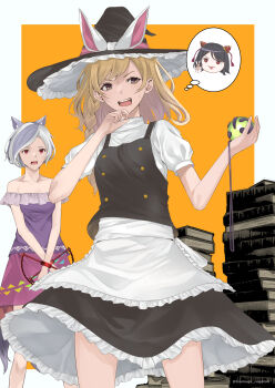 2girls absurdres animal_ears apron bear_trap black_hair black_hat black_skirt black_vest blonde_hair blue_streaks book book_stack border bow braid buttons collarbone commentary_request feet_out_of_frame frilled_apron frills gem green_gemstone grey_hair hand_up hat hat_bow hat_ribbon highres kirisame_marisa long_hair mitsugashira_enoko multiple_girls nagato_tsumugu nippaku_zanmu off-shoulder_shirt off_shoulder open_mouth orange_background pink_ribbon pink_skirt purple_shirt rectangular_mouth red_eyes ribbon shirt single_braid skirt small_horns speech_bubble sweatdrop teeth thighs thought_bubble touhou unfinished_dream_of_all_living_ghost upper_teeth_only vest white_apron white_border white_bow white_shirt witch_hat wolf_ears wolf_girl yellow_eyes