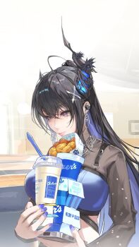 Rule 34 | 1girl, asymmetrical horns, black hair, black horns, black sleeves, blue hair, blue shirt, cheese curds, chicken nuggets, closed mouth, colored inner hair, crop top, culver's, earpiece, earrings, fast food, hair ornament, highres, hololive, hololive english, horns, jailbird (nerissa ravencroft), jewelry, long hair, milkshake, mole, mole under eye, multicolored hair, nerissa ravencroft, ponytail, purple eyes, second-party source, shirt, solo, thekaiyip, virtual youtuber, x hair ornament