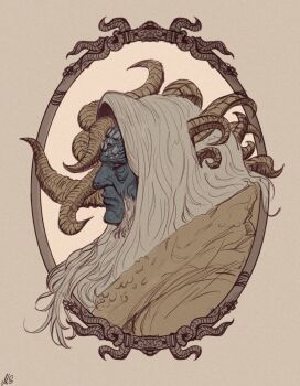 1boy asymmetrical_horns blue_skin brown_robe colored_skin commentary elden_ring english_commentary extra_horns from_side holding horns long_hair mismatched_horns morgott_the_omen_king multiple_horns rags robe solo thefearmaster uneven_horns white_hair yellow_eyes