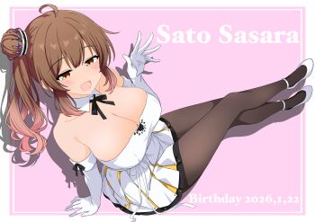 1girl absurdres bare_shoulders breasts brown_hair cevio cleavage commentary_request detached_collar dress elbow_gloves gloves gradient_hair half-closed_eyes highres k_suke2nd large_breasts multicolored_dress multicolored_hair pantyhose satou_sasara shoes skirt waving white_dress white_shoes yellow_eyes