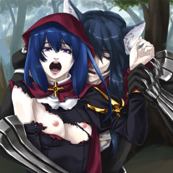 1boy 1girl animal_ears assassin_cross_(ragnarok_online) black_dress black_shirt blue_hair breasts cloak commentary_request cosplay dress eremes_guile forest hetero holding_another&#039;s_wrist hood hood_up hooded_cloak kemonomimi_mode little_red_riding_hood_(fairy_tale) little_red_riding_hood_(fairy_tale_character) little_red_riding_hood_(fairy_tale_character)_(cosplay) long_hair medium_breasts nature nipples no_bra open_mouth outdoors priest_(ragnarok_online) purple_eyes ragnarok_online red_cloak red_scarf scarf shirt toriria torn_clothes torn_dress tree wolf_boy wolf_ears